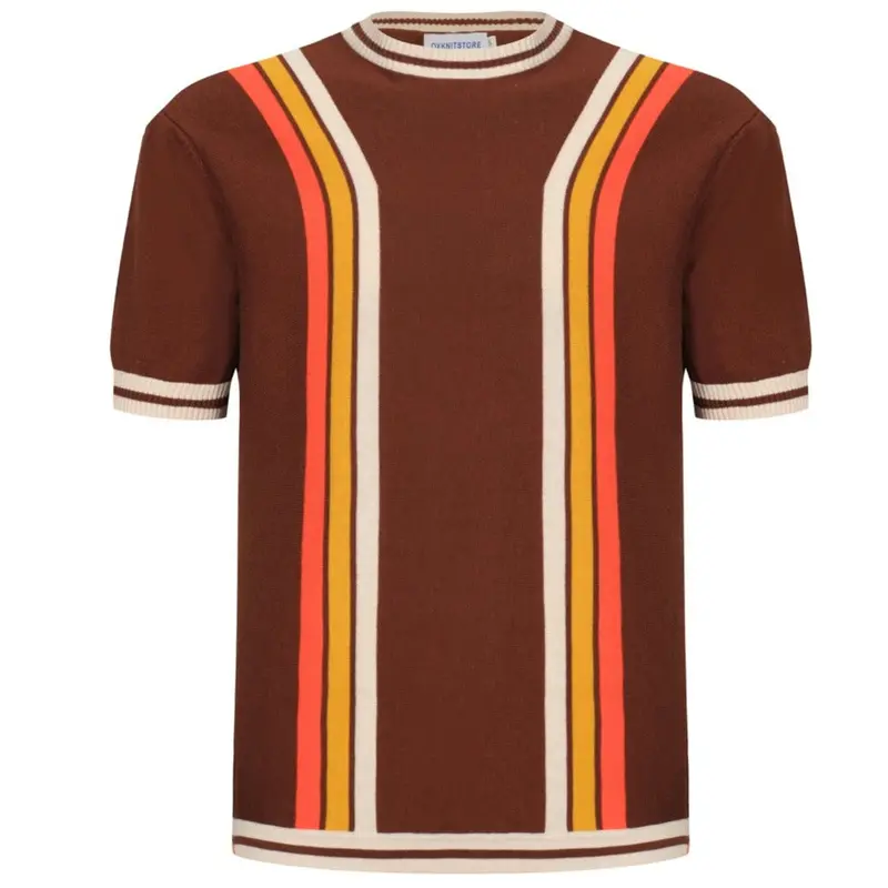 Men's 70S Brown Knit Tee – Retro Racing Stripe Shirt 1