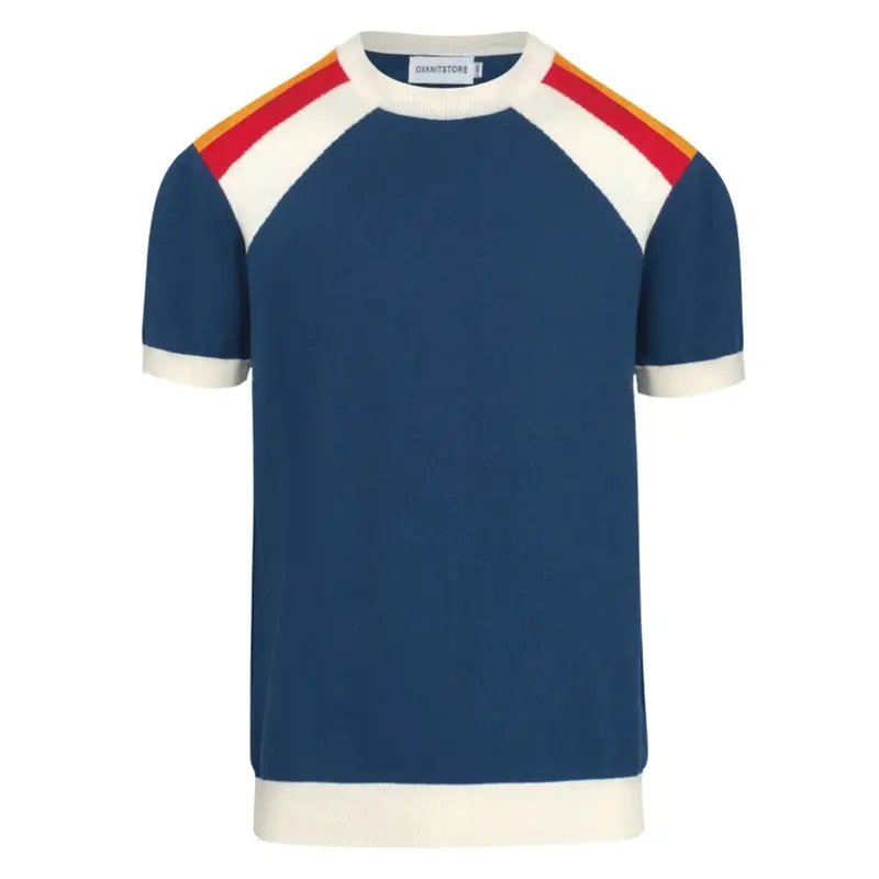 Men's 70S Colorblock Knit Tee – Blue Retro Stripe Crewneck 1