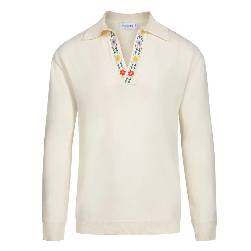 Men's 70S Embroidered Knit Pullover – Cream Retro Sweater With Floral Collar Detail 1