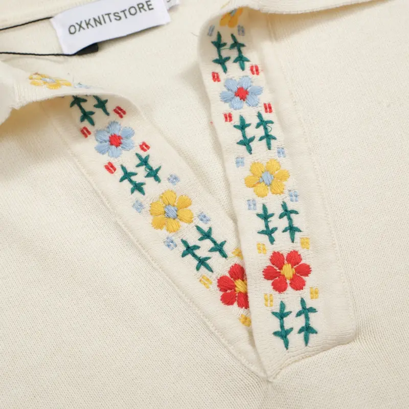Men's 70S Embroidered Knit Pullover – Cream Retro Sweater With Floral Collar Detail 2