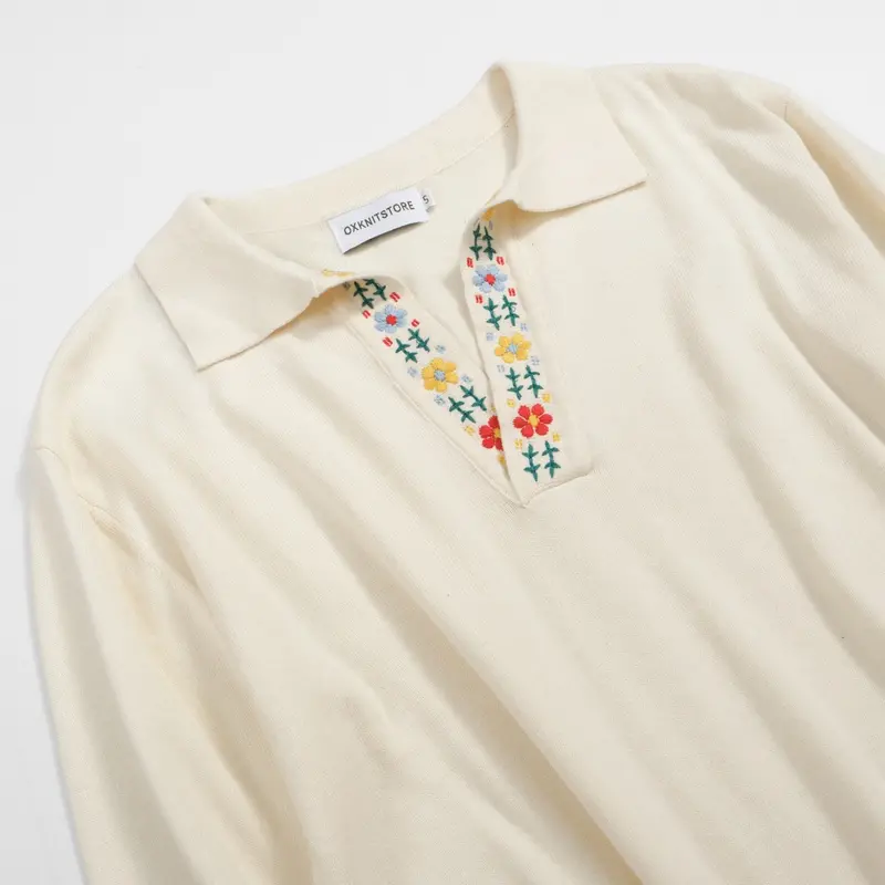 Men's 70S Embroidered Knit Pullover – Cream Retro Sweater With Floral Collar Detail 4