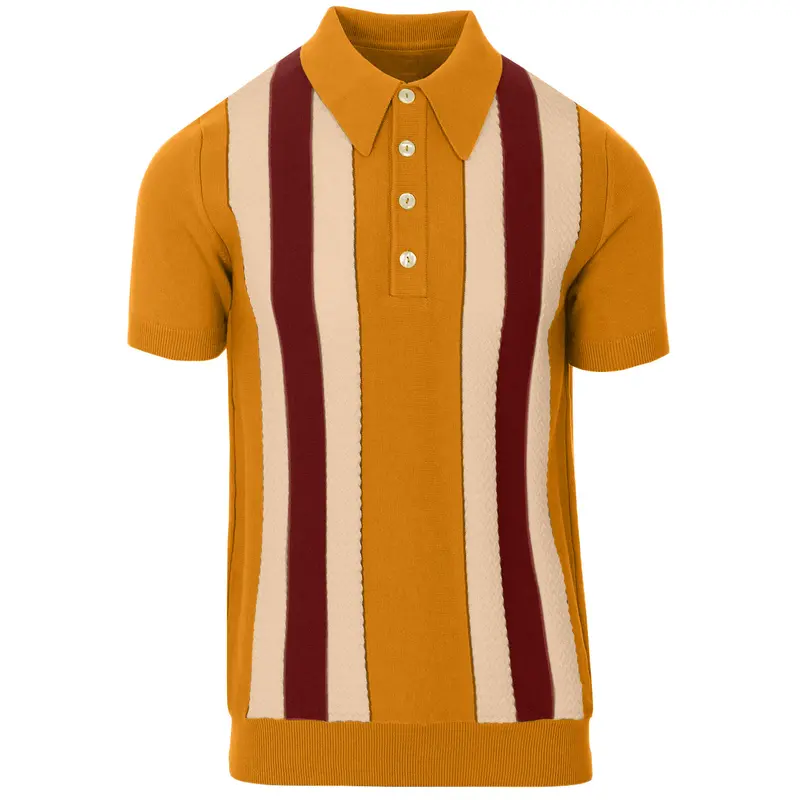 Men's 70S Golden Knit Polo – Retro Stripe Panel Shirt 1