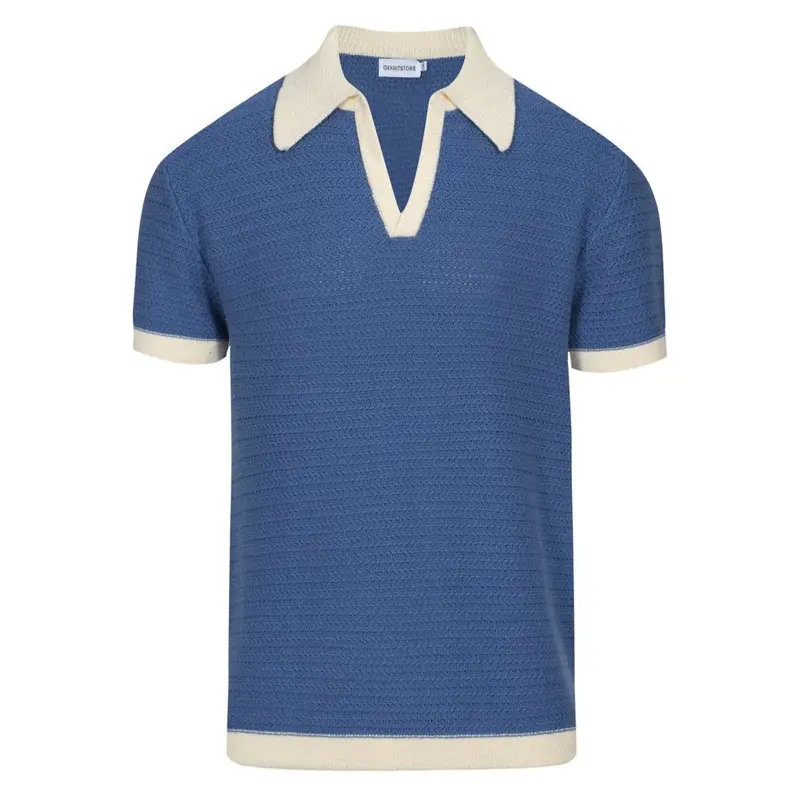 Men's 70S Knit Polo Shirt – Wide Collar Retro Short Sleeve In Navy Blue 1
