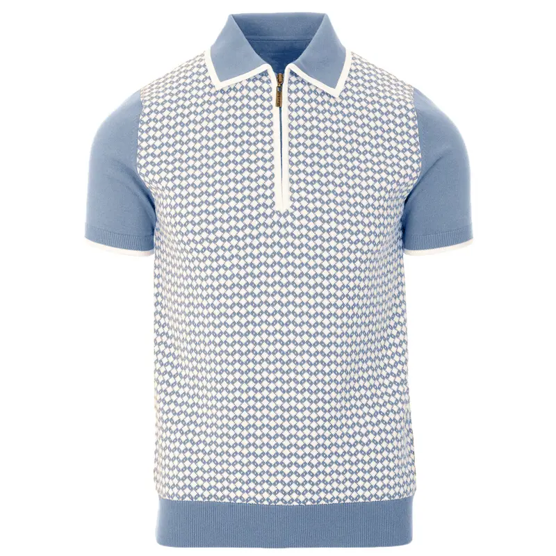 Men's 70S Mod Zip Knit Polo – Light Blue Diamond Pattern Summer Shirt 1