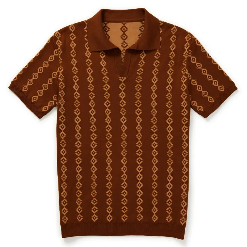 Men's 70S Retro Knit Polo – Rust Orange Geometric Short Sleeve Shirt 1