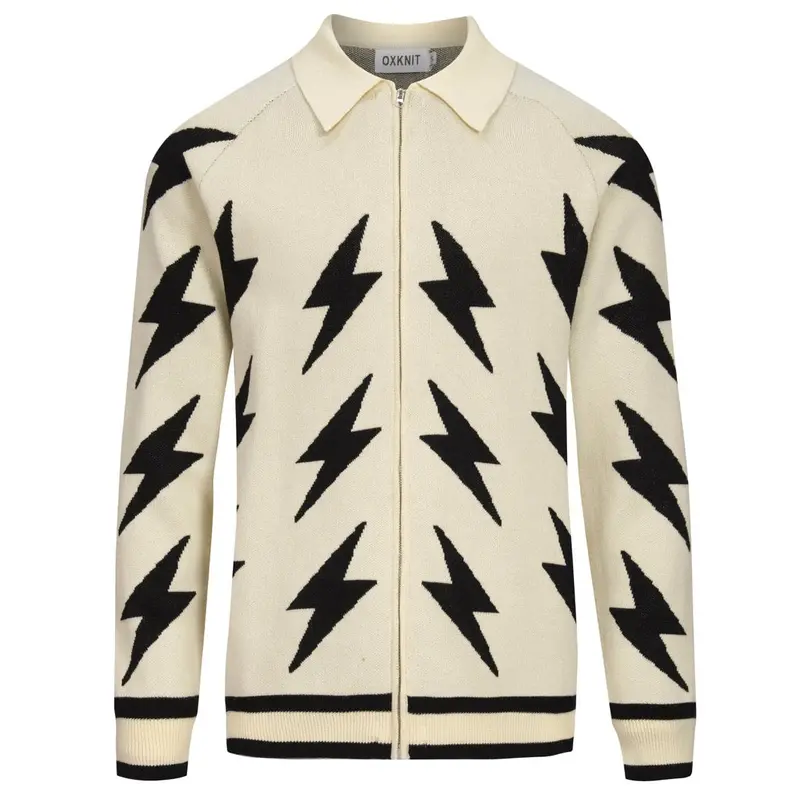 Men's Apricot Classic Retro Lightning Jacquard Knitted Cardigan 1