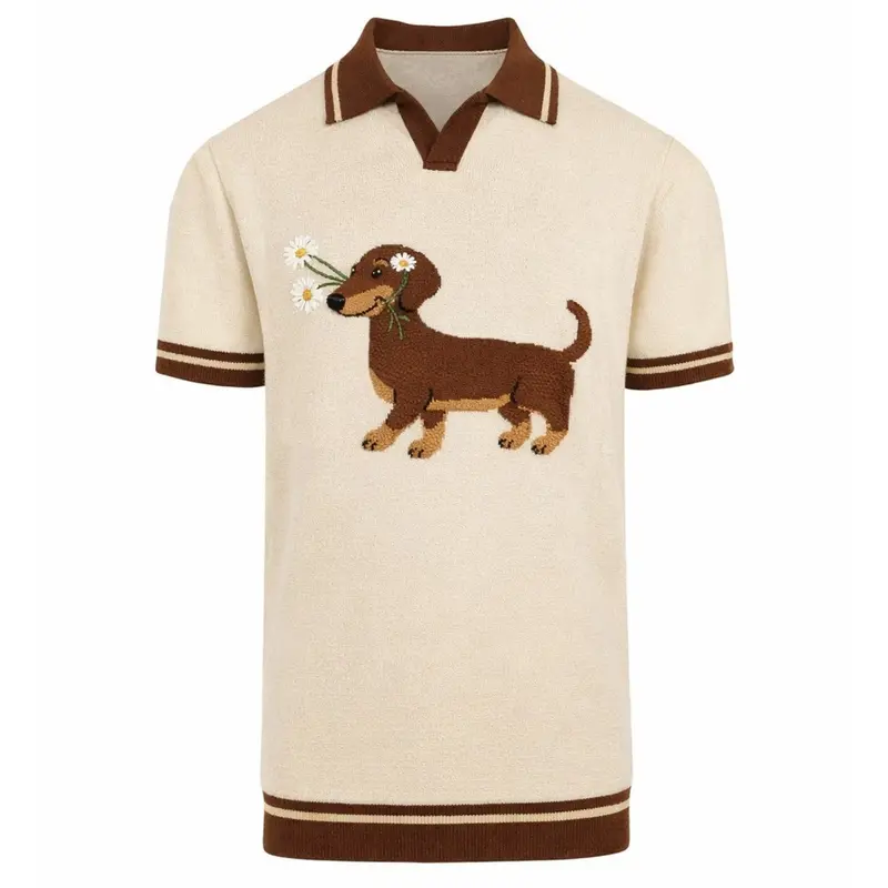 Men's Apricot Fun Dachshund Jacquard Polo Knit Shirt 1