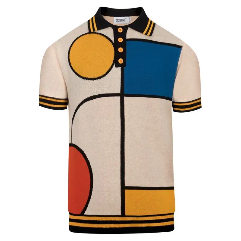 Men's Apricot Retro Geometric Jacquard Polo Knit Shirt 1