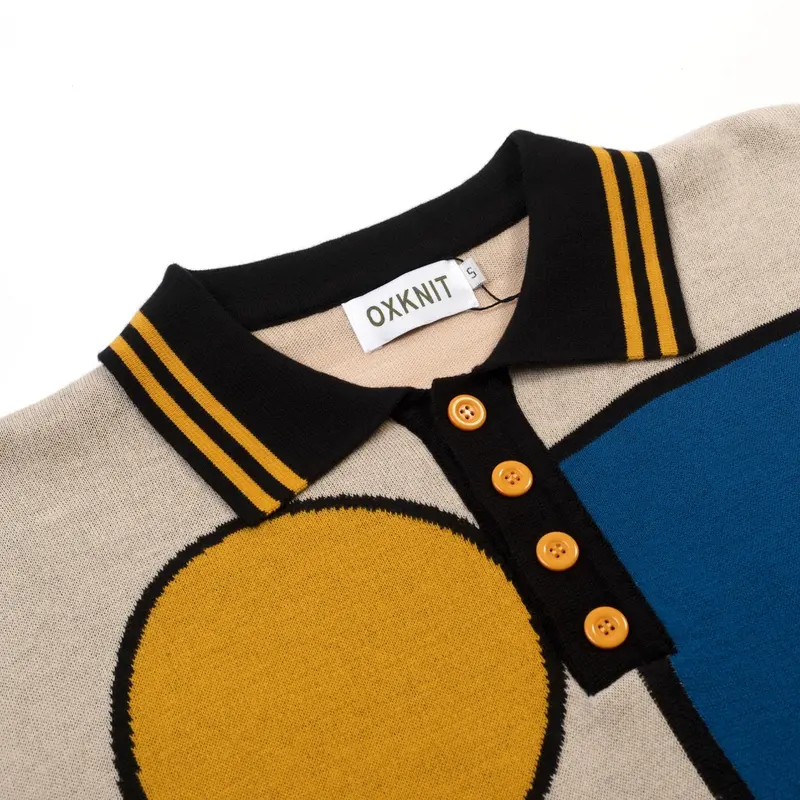 Men's Apricot Retro Geometric Jacquard Polo Knit Shirt 3