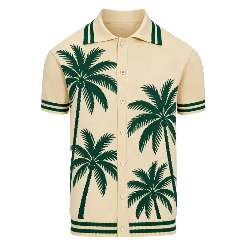 Men's Apricot Vintage Coconut Tree Art - Jacquard Knitted Cardigan 1
