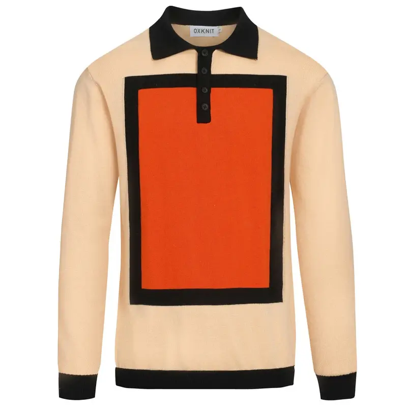 Men's Apricot Vintage Square Jacquard Knit Polo Shirt 1