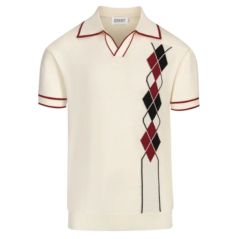 Men's Apricot-White Diamond-Shaped Knitted V-Neck Polo 1