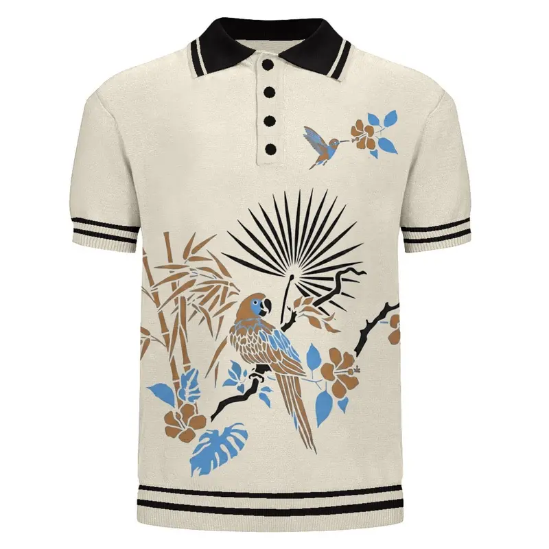 Men's Apricot White Vintage Art Bird Jacquard Polo Knit Shirt 1