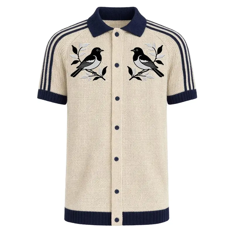 Men's Apricot White Vintage Striped Bird Embroidered Knitted Cardigan 1