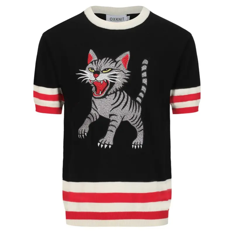 Men's Black Animal Cat Embroidered Knitted T-Shirt 1