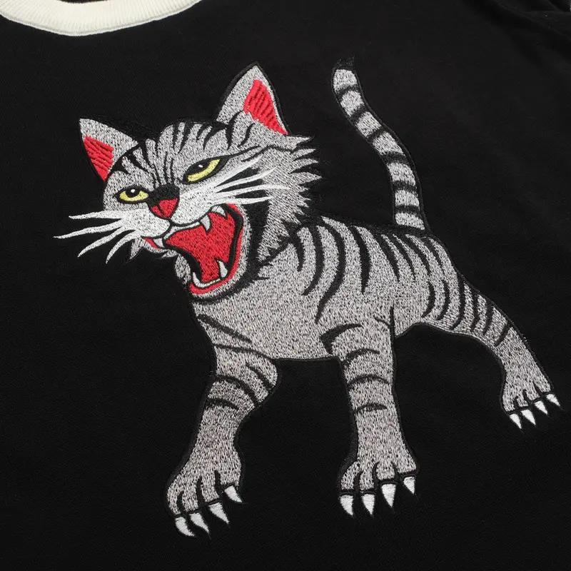 Men's Black Animal Cat Embroidered Knitted T-Shirt 2