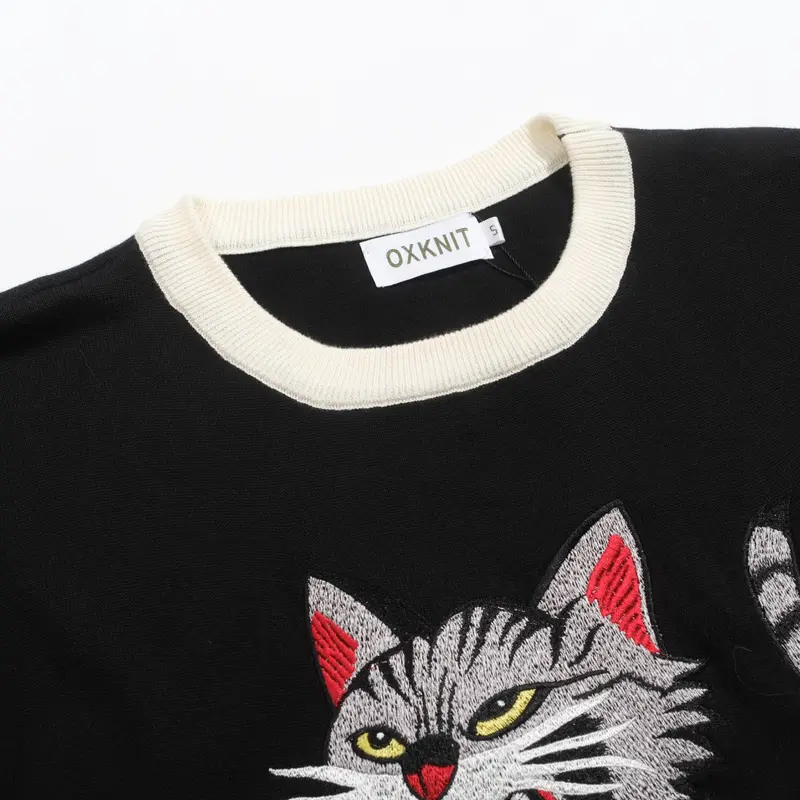 Men's Black Animal Cat Embroidered Knitted T-Shirt 4
