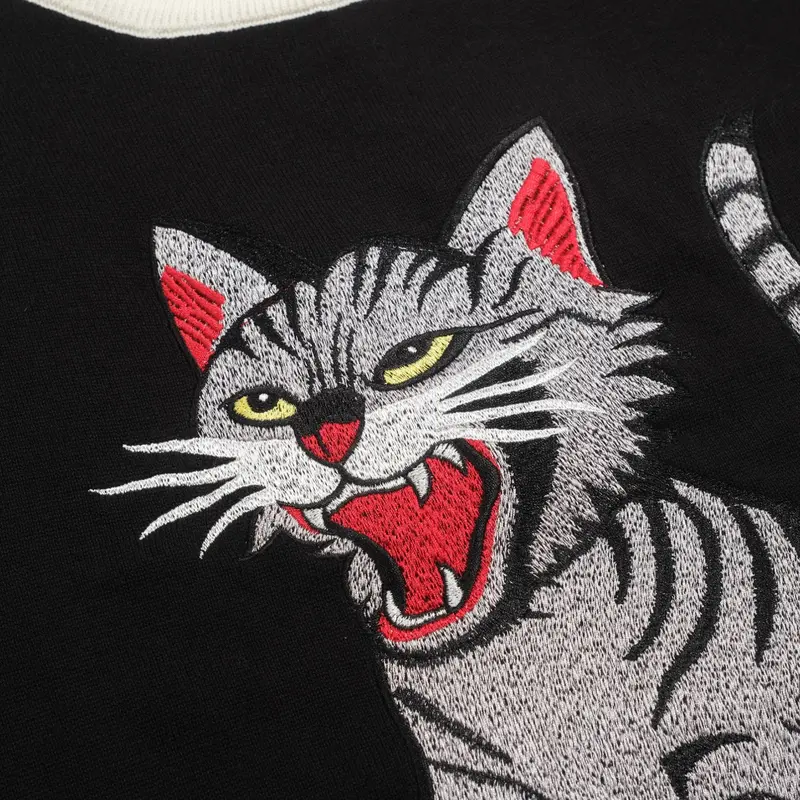 Men's Black Animal Cat Embroidered Knitted T-Shirt 5