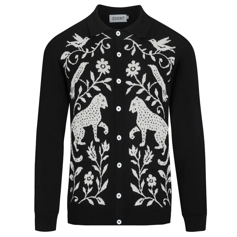 Men's Black Animal Jacquard Vintage Knit Look Cardigan 1