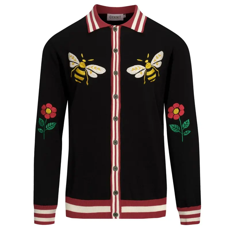 Men's Black Bee Patterned Artistic Retro Design Jacquard Knitted Cardigan 1