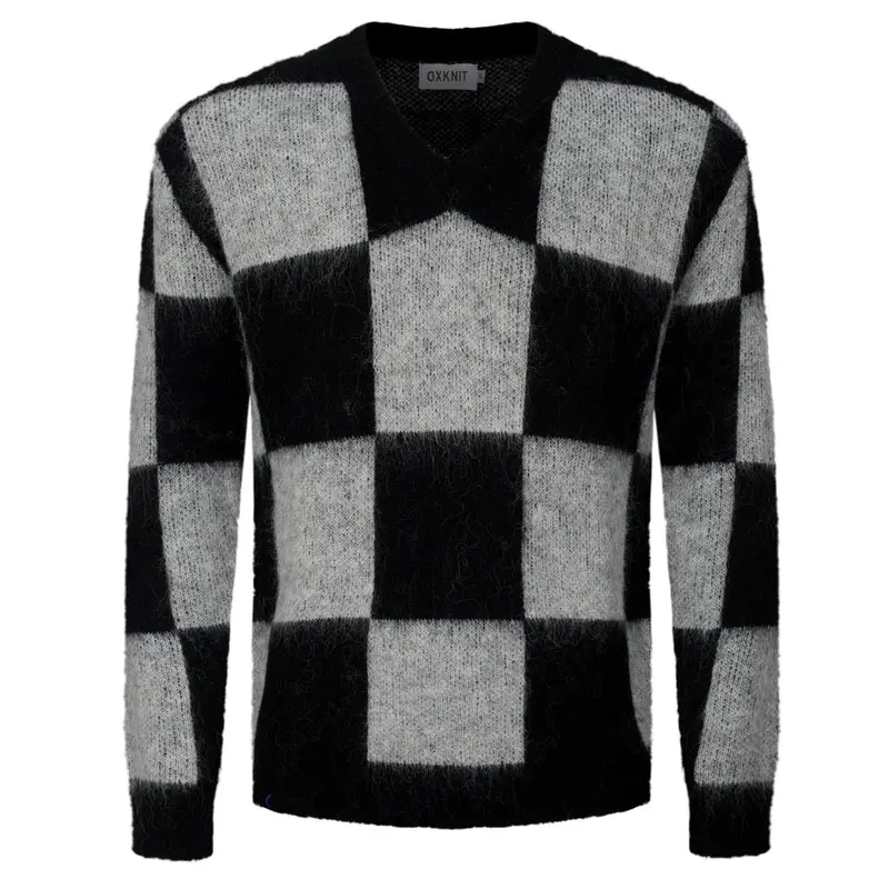 Men's Black Checkered Plush Knitted Sweater 1