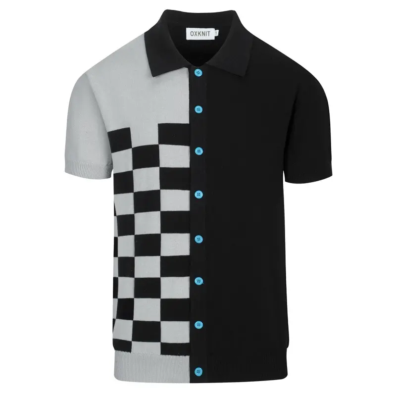 Men's Black Checkered Vintage Art Jacquard Knit Shirt 1
