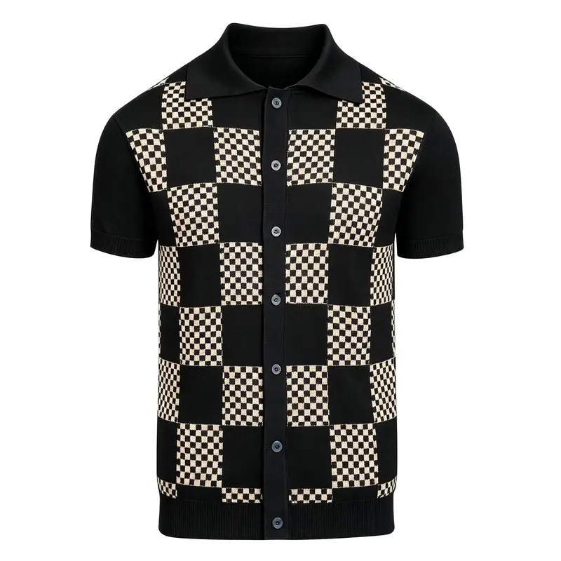 Men's Black Classic Checkered Jacquard Polo Knit Shirt 1