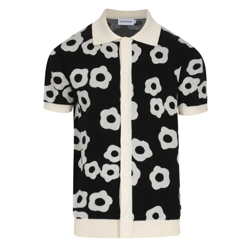 Men's Black & Cream Retro Flower Knit Polo – 60S Mod Button-Up Shirt 1