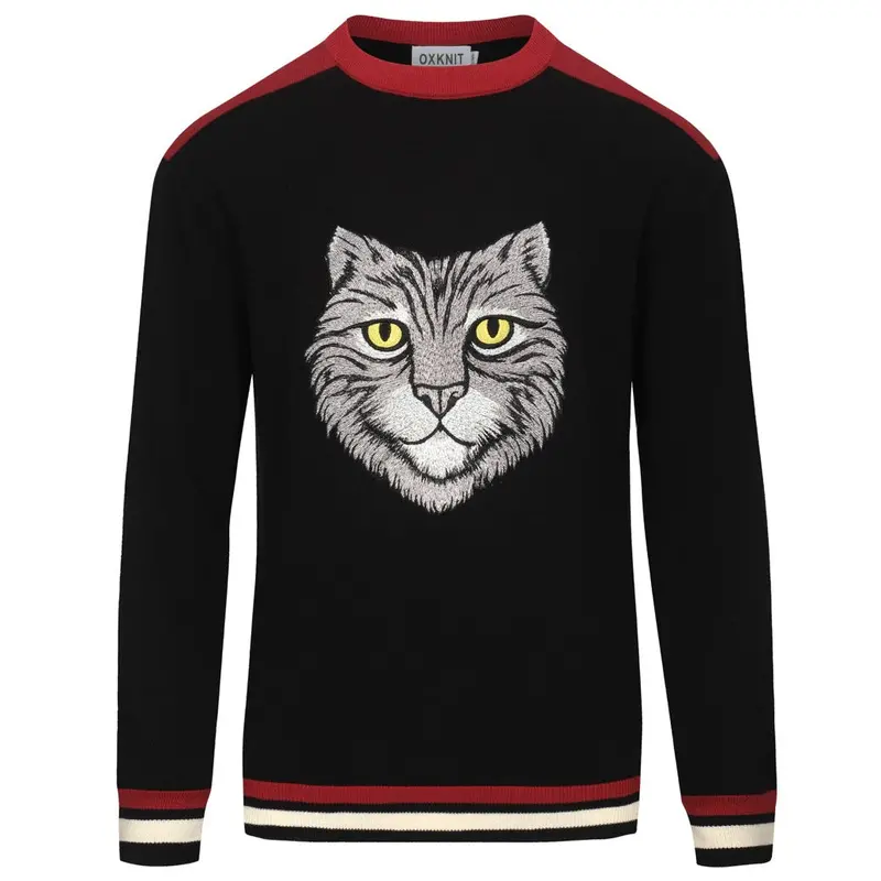 Men's Black Embroidered Black Cat Head Casual Knitwear 1