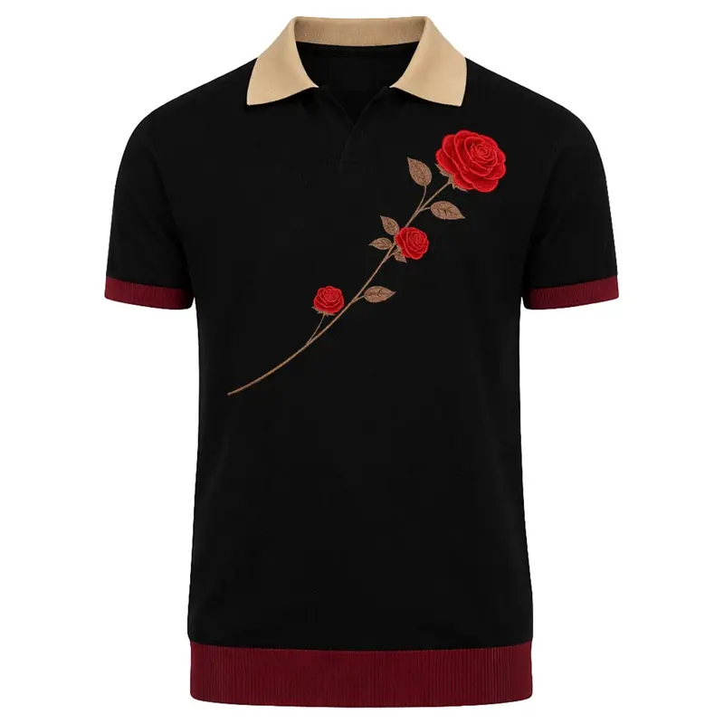 Men's Black Minimalist Vintage Rose Embroidered Polo Knit Shirt 1
