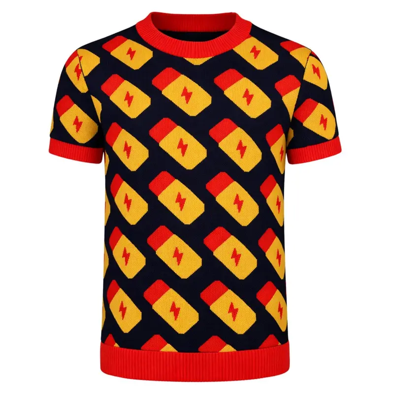 Men's Black Retro Battery Charm Art Jacquard Knit T-Shirt 1