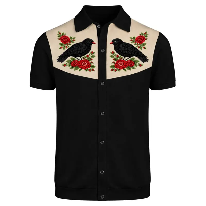 Men's Black Retro Bird And Flower Embroidery Knitted Cardigan 1