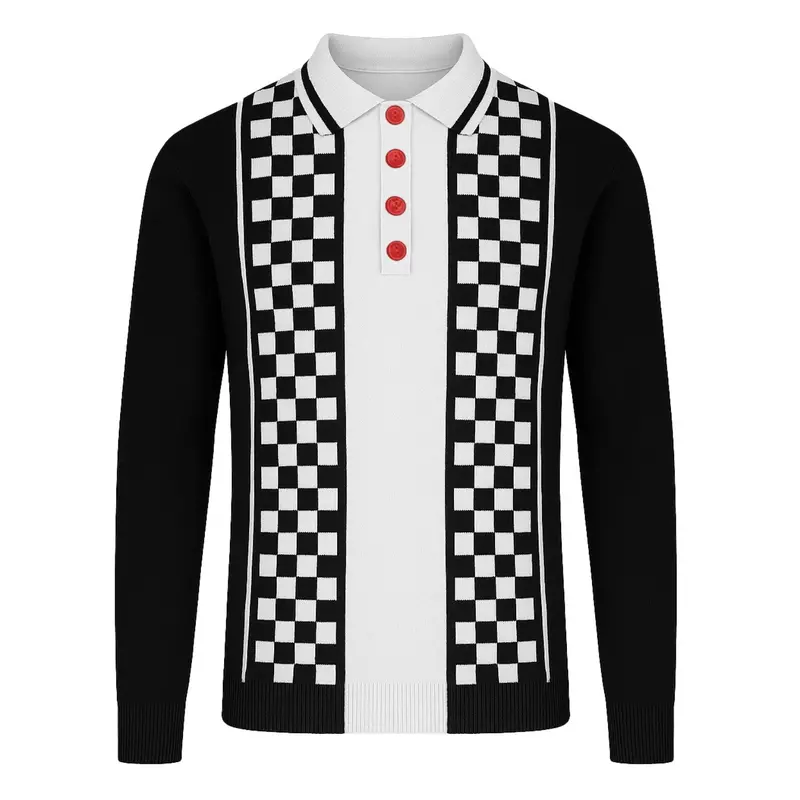 Men's Black Retro Checkered Art Jacquard Polo Shirt 1