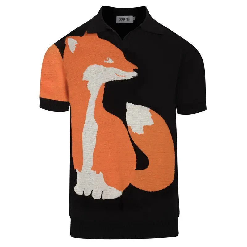 Men's Black Retro Fox Jacquard Knitted V-Neck Polo 1