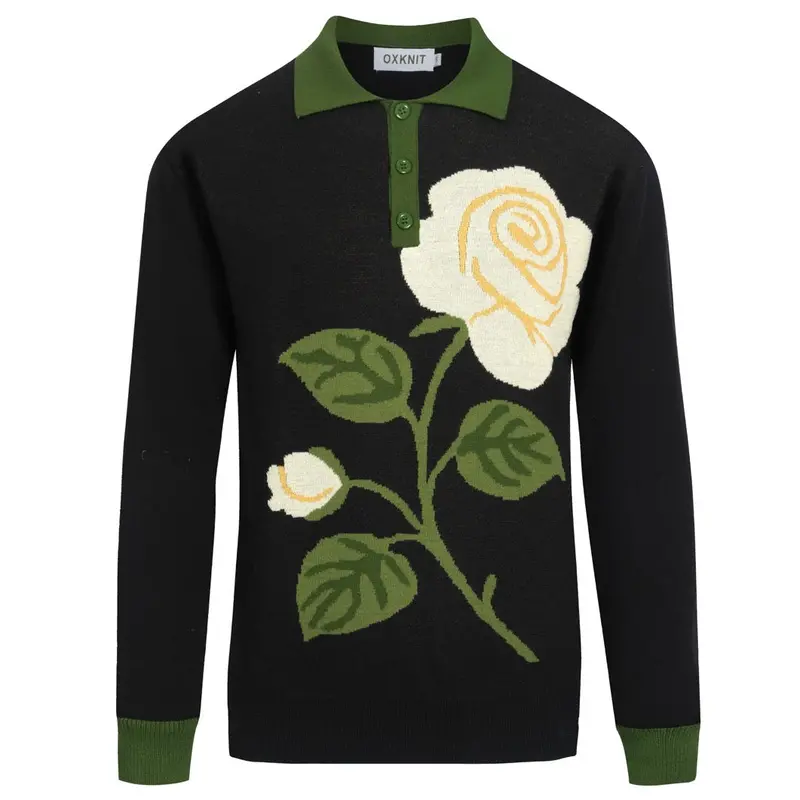 Men's Black Rose Jacquard Vintage Polo Knitwear 1