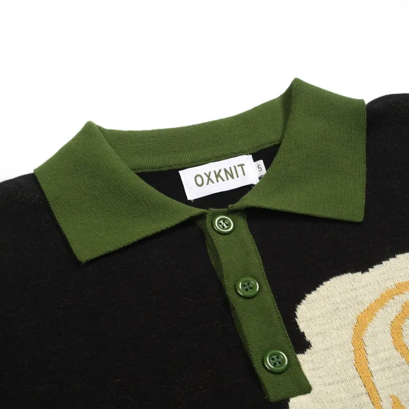 Men's Black Rose Jacquard Vintage Polo Knitwear 4