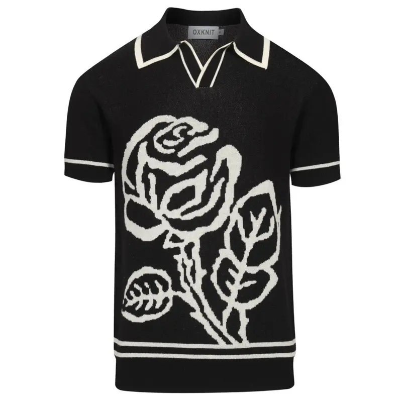Men's Black Rose Jacquard Vintage V-Neck Knitted Polo Shirt 1