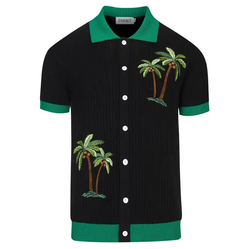 Men's Black Striped Coconut Tree Embroidered Knitted Cardigan 1
