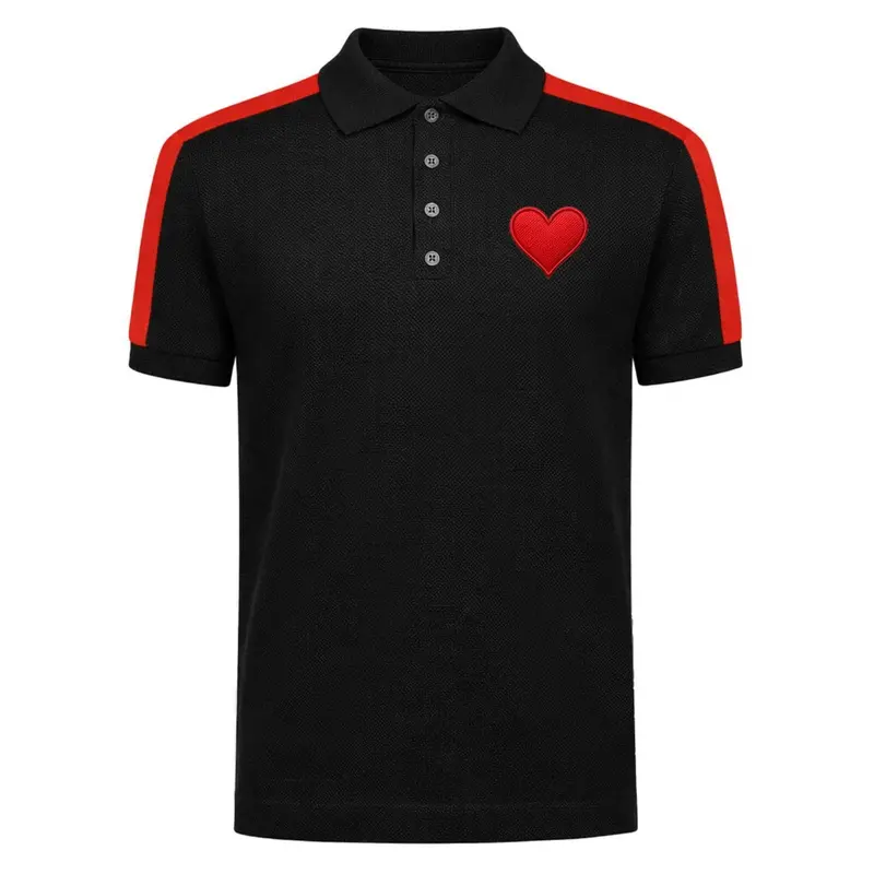 Men's Black Striped Retro Heart Embroidered Polo Knit Shirt 1