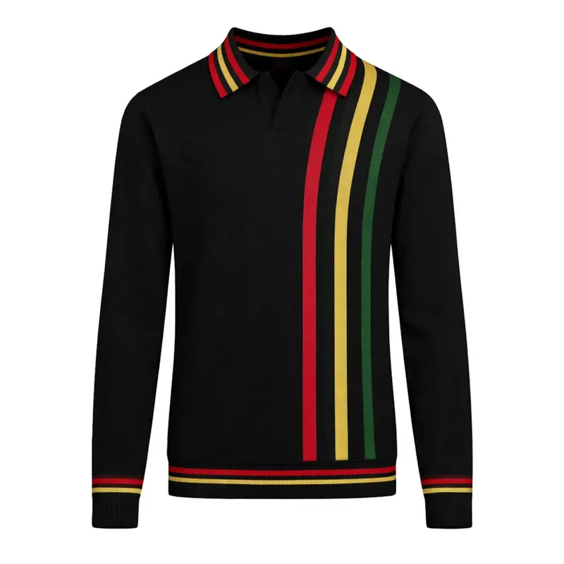 Men's Black Striped Vintage Knit V-Neck Polo 1