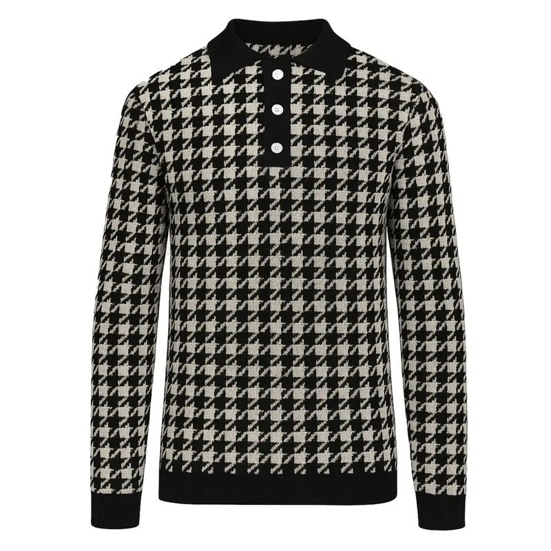 Men's Black Vintage Art Jacquard Knitted Polo Shirt 1