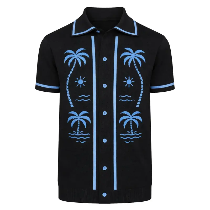Men's Black Vintage Coconut Tree Art Jacquard Knitted Cardigan 1