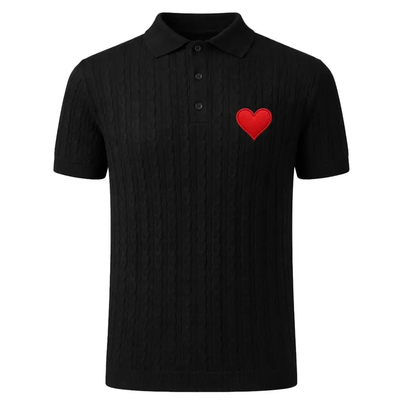 Men's Black Vintage Heart Embroidered Polo Knit Shirt 1