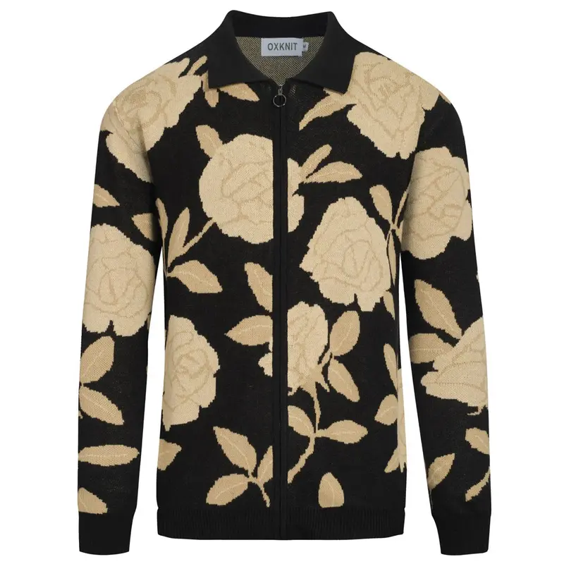 Men's Black Vintage Jacquard Knit Zipper Cardigan 1