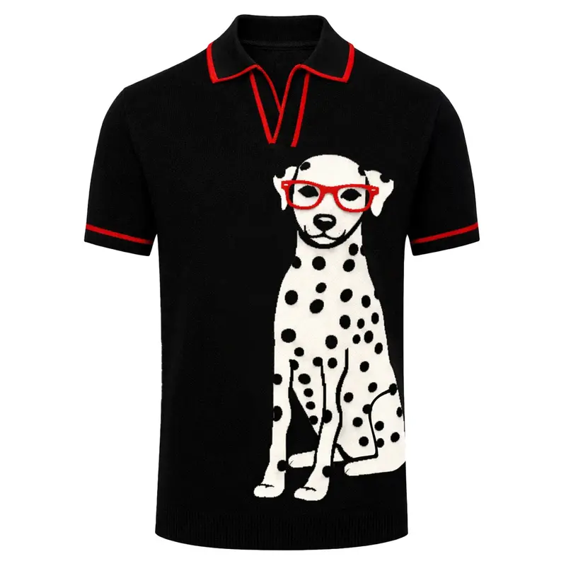 Men's Black Vintage Spotted Dog Jacquard Knitted Polo Shirt 1