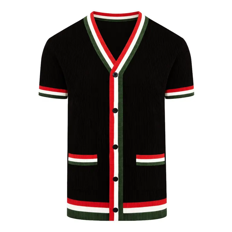 Men's Black Vintage Striped Jacquard Knitted Cardigan 1