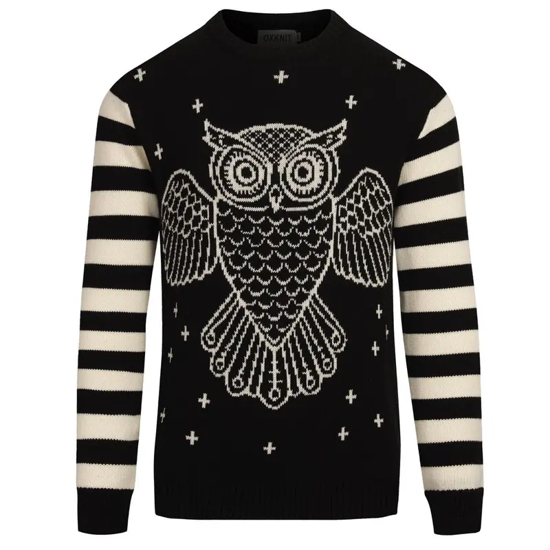 Men's Black Vintage Striped Owl Jacquard Knitwear 1