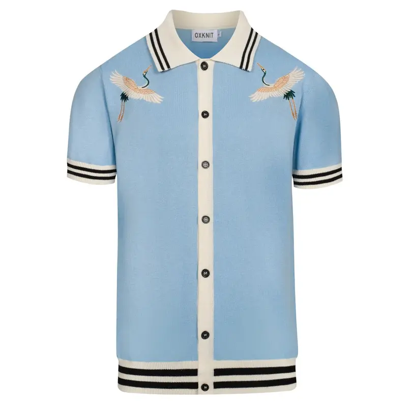 Men's Blue Bird Embroidered Vintage Art Knit Shirt 1