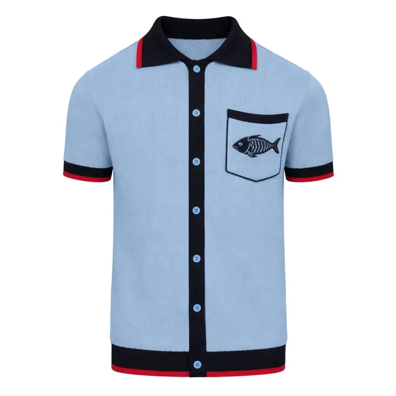 Men's Blue Retro Art Fish Embroidery Knitted Cardigan 1