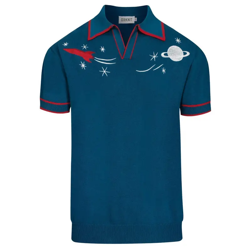 Men's Blue Rocket Planet Embroidered Polo Knit Shirt 1